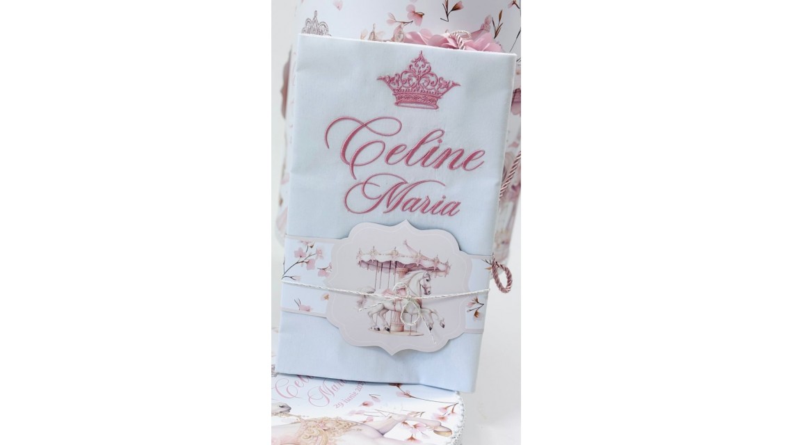 Trusou botez carusel cu cai roz pal si flori pastelate Pink Carousel 1